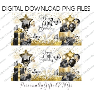 Schwarz und Gold Schmetterling Geburtstagsbecher Wrap Design Digitaler Download, 60. Geburtstag PNG, Jedes Alter Geburtstagsbecher Design, Schwarz & Gold PNG