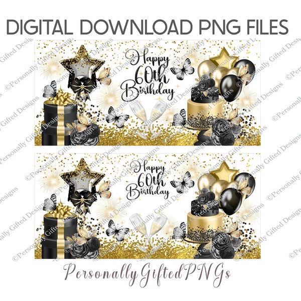 Black And Gold Butterfly Birthday Mug Wrap Design Digital Download, Happy 60th Birthday PNG, Any Age Birthday Mug Design, Black & Gold PNG