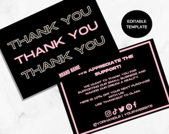 Small business Editable Thank you card | Customizable Thank you insert | Printable Thanks for Order | Pink Thank you Card