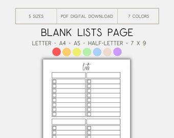 Printable blank list page, blank lists page, blank lists, digital download, printable task list, digital lists page, printable