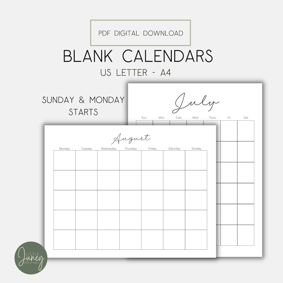 Monthly Blank Calendar, Letter Size Calendar, A4 Calendar, PDF ...