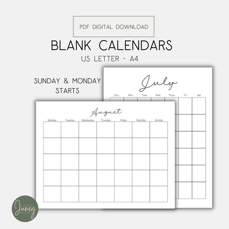 Monthly Blank Calendar, Letter Size Calendar, A4 Calendar, PDF ...