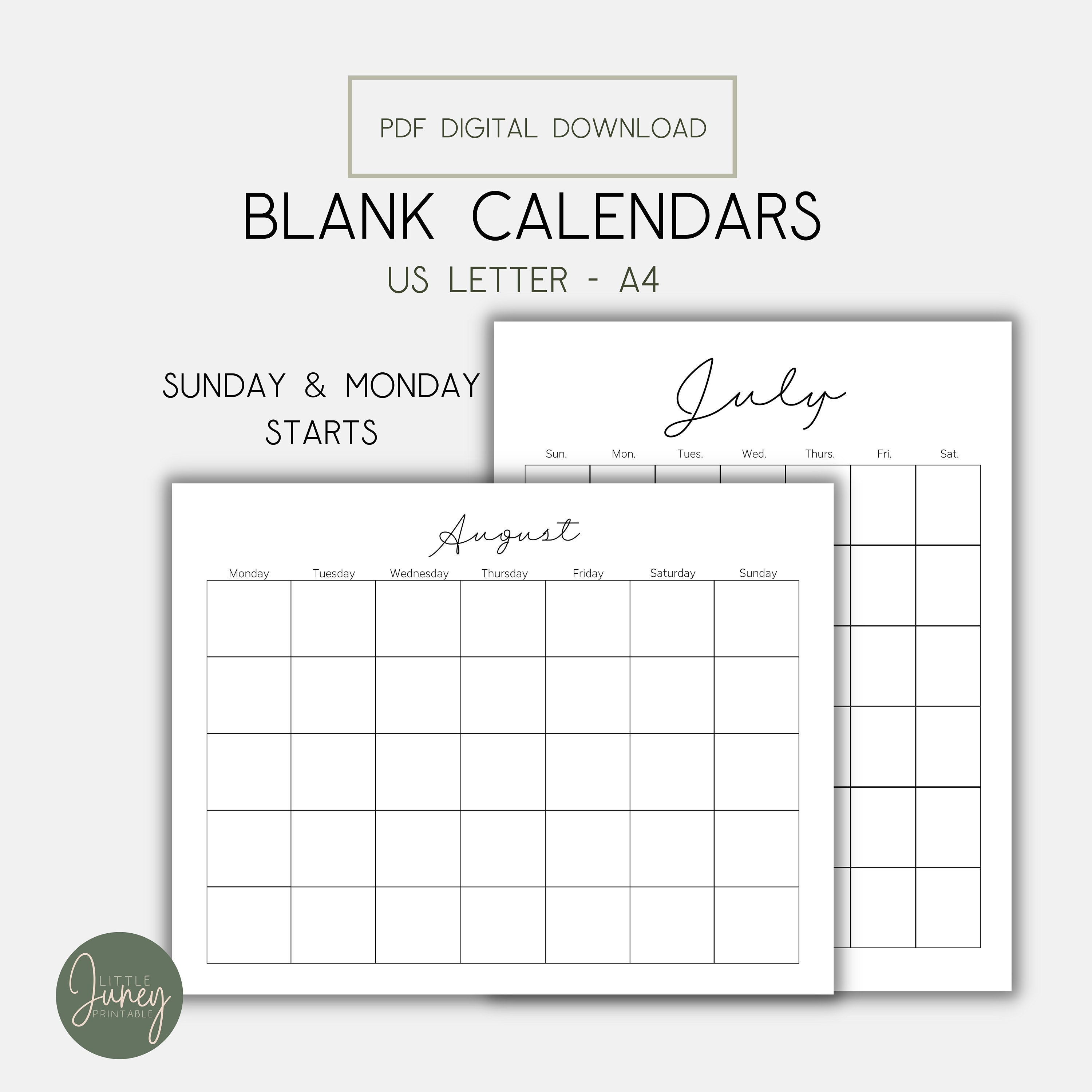 Monthly Blank Calendar, Letter Size Calendar, A4 Calendar, PDF ...
