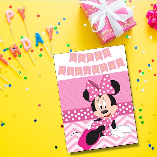 Printable Birthday Card with Minnie Mouse, Printable Greeting Card, Print at Home