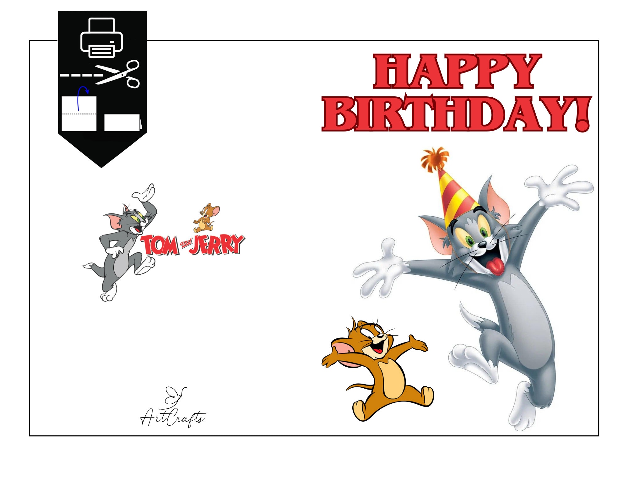 Printable Tom and Jerry Cartoon Birthday Card for Children , Printable