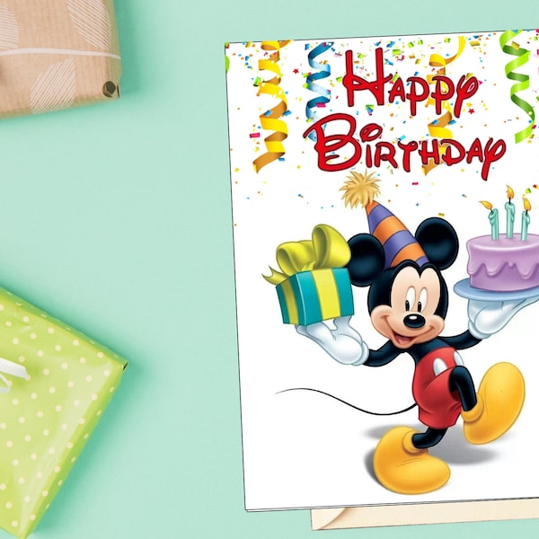 Printable Birthday Card with Mickey Mouse, Printable Greeting Card, Print at Home