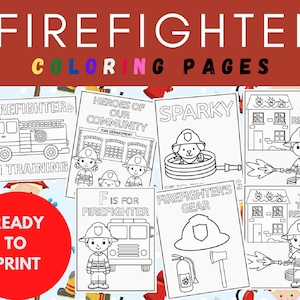 Firefighter Coloring Book, Birthday Party Coloring Pages for Kids, Firefighter Printable, Firetruck, Firestation, Sparky the Fire Dog