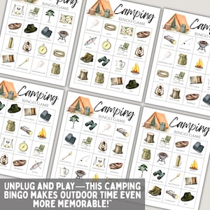 Jeu de bingo de camping imprimable avec cartes de visite et marqueurs, divertissement de plein air parfait pour les voyages de camping, cadeau pour les amoureux de la nature