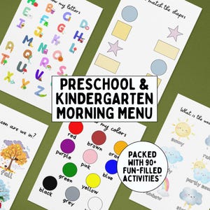May include: A collection of educational worksheets for preschool and kindergarten. The worksheets include activities for learning letters, shapes, colors, and weather. The text "Preschool & Kindergarten Morning Menu" is displayed prominently.