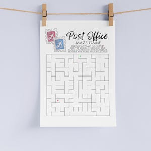 May include: A white paper maze game titled "Post Office" with a red and blue stamp graphic. The game's instructions read, "Oh no! A stamp is lost! Help it zoom through the maze and reach the mailbox before the mail truck leaves!"