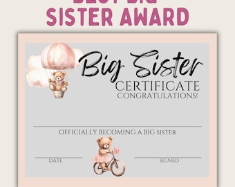 Big Sister Certificate - Cute and colorful design celebrating big sisters - Ideal for announcing new sibling - Unique gift for young girls