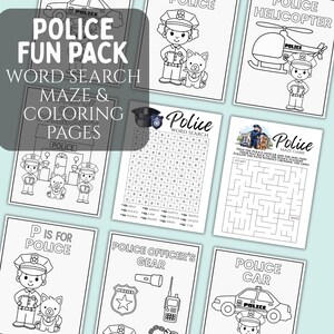 May include: A printable pack of coloring pages, word searches, and mazes featuring a police officer theme. The pages include images of police officers, police cars, police dogs, and a police helicopter. The text on the pages includes "Police Fun Pack", "Word Search", "Maze & Coloring Pages", "P is for Police", "Police Officer's Gear", and "Police Car".