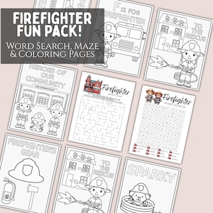 May include: Black and white printable coloring pages featuring a firefighter theme. The pages include a word search, maze, and coloring pages of firefighters, fire trucks, and fire hydrants. The text "Firefighter Fun Pack!" is at the top of the page.