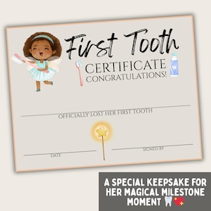 Lost First Tooth Certificate for Girls, Adorable Printable Template, Commemorate Tiny Tooth Loss, Unique Kids Milestone Gift, for Dentists