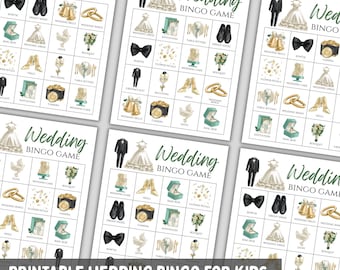 Pode incluir: Vários cartões de jogo de bingo de casamento para impressão. Cada cartão apresenta uma grade de ilustrações com temas de casamento, incluindo um vestido de noiva, um smoking e um bolo de casamento. O texto "Wedding Bingo Game" está no topo de cada cartão. A parte inferior da imagem diz "Printable Wedding Bingo for Kids Easy Wedding Activity."