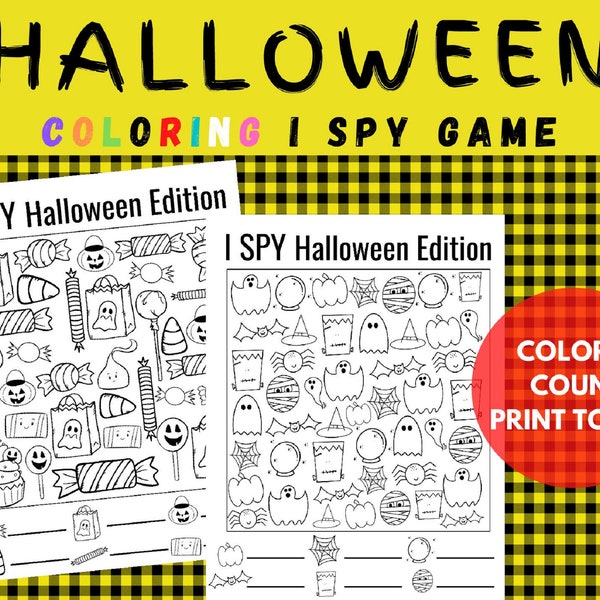 Halloween I SPY Printable, Search and Find, Halloween Coloring Pages for Kids and Adults, Halloween Party Game, Counting Worksheets