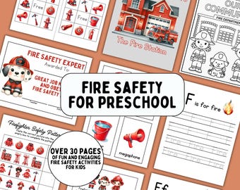 Könnte beinhalten: Ein Satz druckbarer Brandschutzaktivitäten für Vorschulkinder. Das Set beinhaltet ein Brandschutz-Expertenzertifikat, ein Feuerwehr-Bingo-Spiel, eine Feuerwehrhaus-Malvorlage, eine Brandschutz-Musteraktivität und eine Brandschutz-Alphabetaktivität. Die Aktivitäten sind mit bunten Zeichnungen von Feuerwehrleuten, Feuerwehrwagen und Hydranten illustriert.