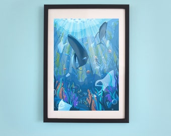 Whale Art Print, Digital Illustration, Ocean Art, Wall Art, Home Décor, A4, 21 x 29.7 cm