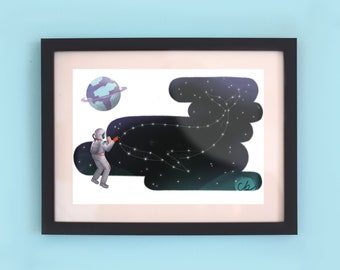 Counting Whales in Space Art Print, Digital Illustration, Space Art, Wall Art, Home Décor, A5, 21 x 15 cm