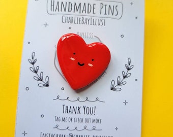 Cute Heart Clay Pins Handmade - Art Gift Hand-painted - UV Resin Sealed - Kawaii