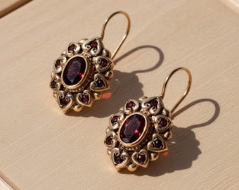 Garnet Earrings in 14K Rose Gold, Leverback Earrings with Garnets - January Birthstone Earrings with Heart Designing, Romantic Gift for Her