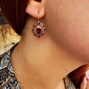 Mother&#39;s Day Gift for Her - Heart Earrings in 14K Rose Gold & Red Garnets, January Birthstone Earrings with Heart Design, Romantic Gift