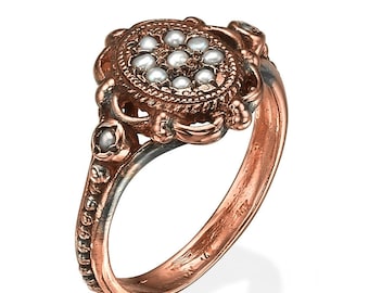 Antique Style Ring with Pearls in 14k Rose Gold