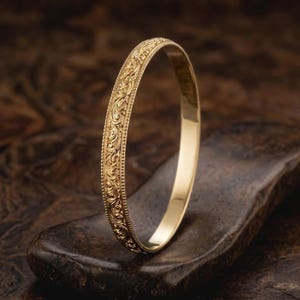 Moroccan Bangle in Solid 14k Gold Vintage Milgrain Slip On Bracelet | Israeli Jewelry