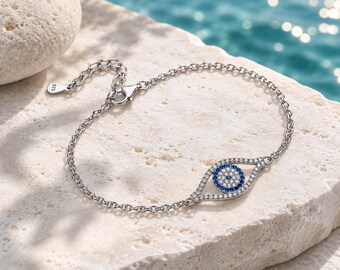 Evil Eye Bracelet in Sterling Silver with Zircon, Protection Charm