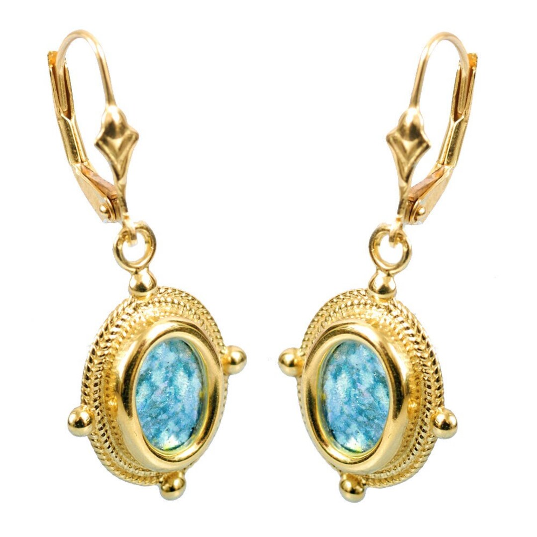 Israelische Handgemachte Schätze Ovale römische Glasohrringe aus 14 k Gold Archäologische