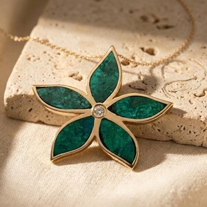 Israeli Eilat Stone Flower Diamond Pendant in 14K Gold, King Solomon Stone Pendant, Hidden Loop