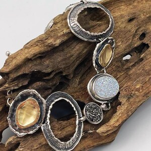 Oxidized Silver & 9K Gold Bracelet with Agate Druzy Stone, Boho Chic Israeli Stone Inspired Bracelet, Handmade Israeli Artisan Jewelry