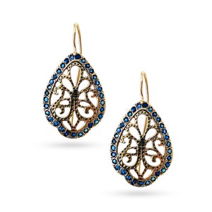 Vintage Style Israeli Sapphire Earrings 14K Gold | Genuine Blue Sapphire Danglers | Antique Inspired Designer Earrings from Israel
