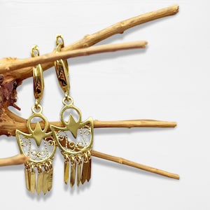 14K Gold Filigree Crescent Fringe Earrings, Handmade Yemenite Dangle Earrings, Israeli Ethnic Wedding Jewelry, Boho Gold Drop Earrings