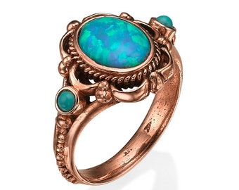 Opal & Turquoise Vintage Style 14k Rose Gold Statement Ring 14k Rose Gold Ring | Turquoise Jewelry | Turquoise Engagement |  Pearl Gold Ring