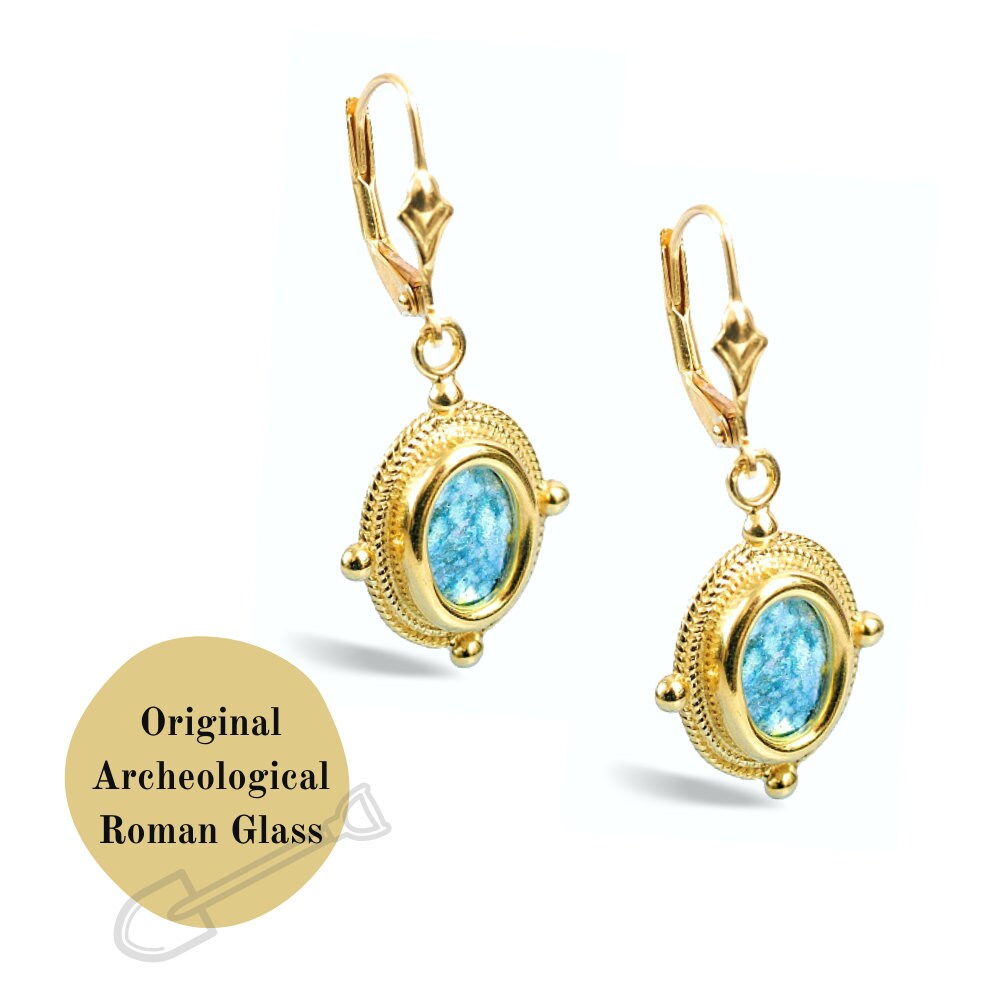 Israelische Handgemachte Schätze Ovale römische Glasohrringe aus 14 k Gold Archäologische