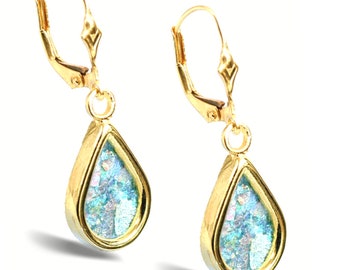 Roman Glass 14k Gold Teardrop Earrings | Yellow Gold Earrings | Archaeological Glass | Roman Glass | Ancient Roman Glass | Israeli Jewelry