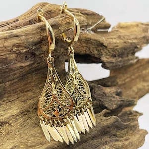 14K Gold Teardrop Fringe Earrings | Handmade Yemenite Filigree Jewelry from Israel | Elegant Gold Dangle Earrings | Boho Chic Luxury Gift