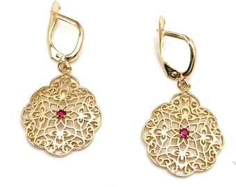 Filigree Natural Red Ruby Earrings in 14k Gold, Dangle and Drop earrings, Designer Danglers, Authentic Yemenite Artistry, Handmade in Israel