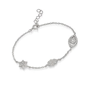Charm Bracelet with Magen David, Hamsa Hand & Evil Eye Charms in Sterling Silver and Cubic Zircon, Protection Talisman, Israeli Jewelry