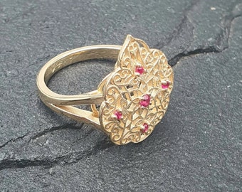 Filigree Ring with Red Rubies 14K Yellow Gold | Handmade Yemenite Jewelry | Natural Ruby Stone | Anniversary Gift for Her