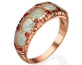 Vintage-Style 14K Rose Gold Aquamarine and Garnet Ring, Statement Ring, March Birthstone, Handmade Israeli jewelry, Gifts for Her