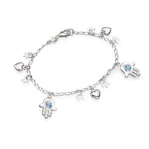 Gift for Her, Chunky Charm Bracelet with Hamsa, Star & Heart Charms in Sterling Silver and Blue Topaz, Valentine&#39;s Day Gifts, Love Bracelet