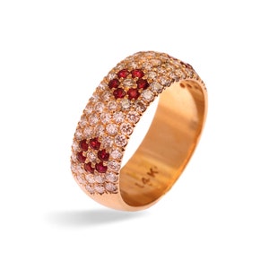 Ruby & Diamond Broad Ring in 14K Rose Gold, Israeli Designer Flower Rings, Genuine Natural Diamonds and Red Ruby, Jewelry Gift for Her