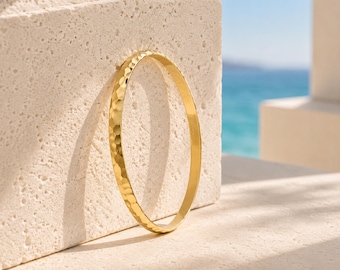 Solid 14k Gold Hammered Moroccan Bangle Bracelet, Stackable Slip On Jewelry