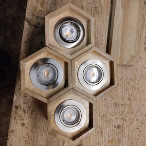 Suspension in solid oak plank &quot;beehive&quot;, ideal kitchen worktop, light fixture with integrated recessed LED spotlights, ready to install