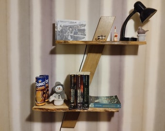 Customizable suspended bookcase in natural solid wood to screw, storage shelves or oak bedside table with natural edge