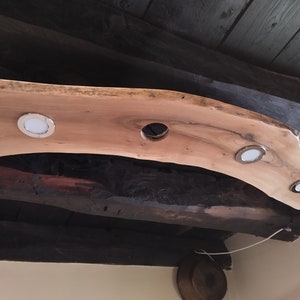 Oak plank light fixture with natural edges and 4 integrated spots, 1m20 hand-made ceiling pendant, soft white light.