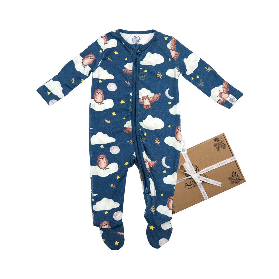 Baby Clothes Organic Cotton Bamboo 2 Way Zip up Sleepsuit Owl Theme