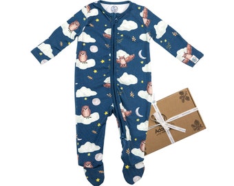 Baby Clothes | Organic Cotton Bamboo 2 Way Zip Up Sleepsuit | Owl Theme | Baby Shower | Newborn Baby Gifts | Packed in Gift Box | Baby grows